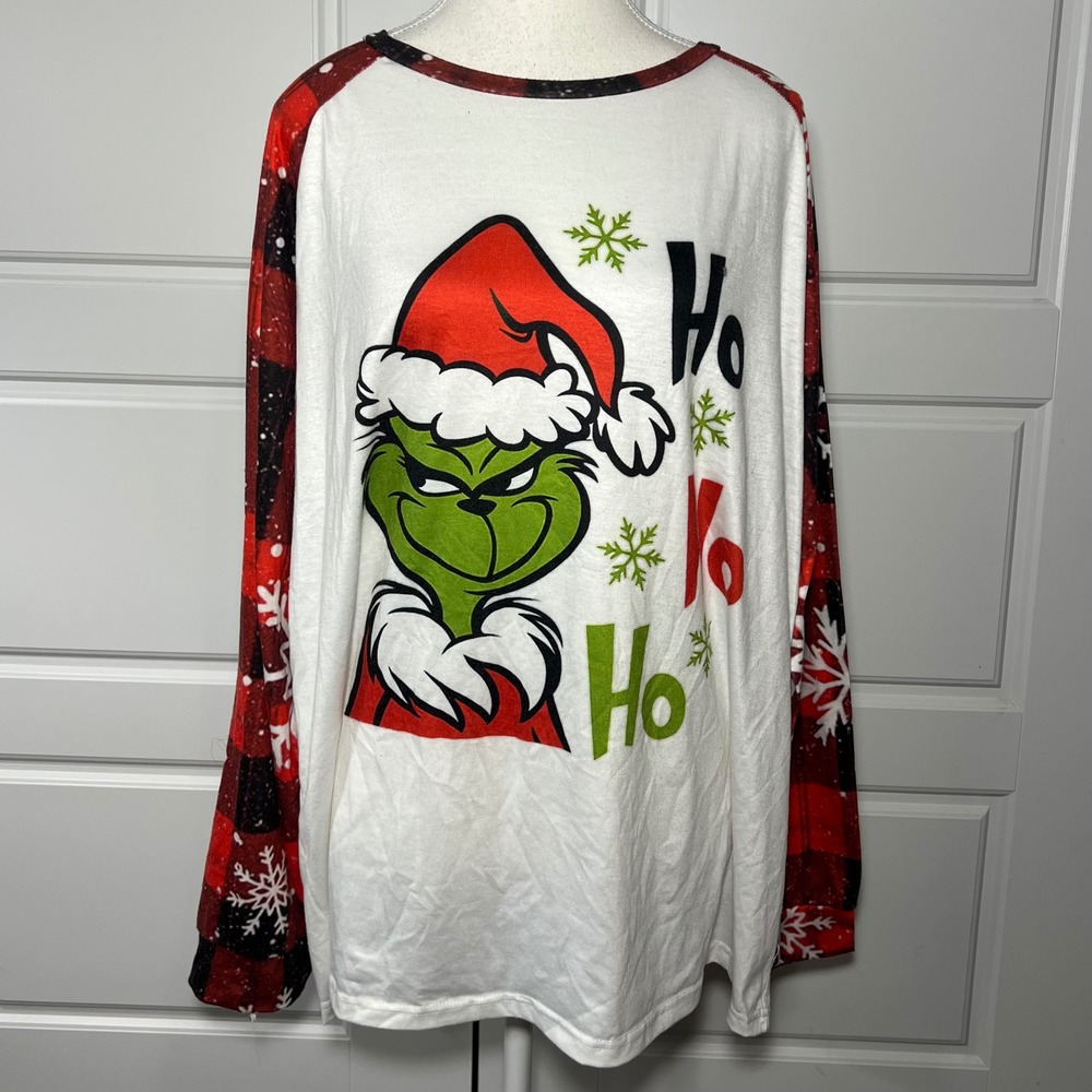 Womens Grinch Christmas Long Sleeve Shirt Red Plaid Snowflake Ho Ho Ho Size L
